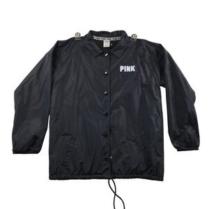 PINK Victoria's Secret Womens Black Coach Jacket Windbreaker Snap Front Medium